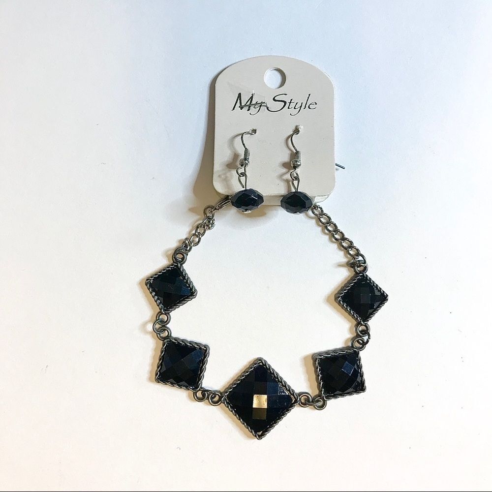 Black Faux Gem Silver Tone Bracelet Drop Earring Set NWT